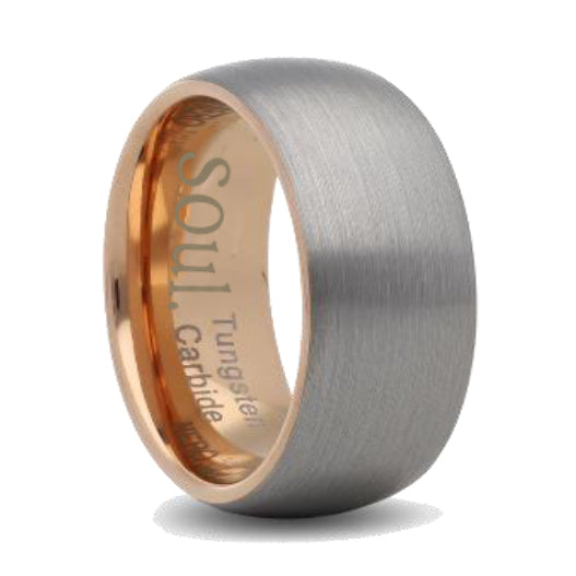Grey tungsten ring with rose gold detail