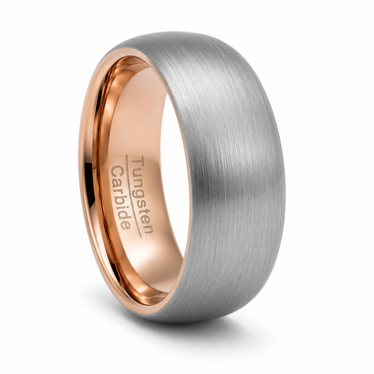 Grey tungsten ring with rose gold detail