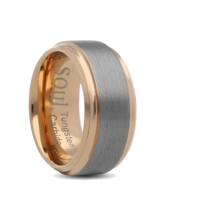 Grey tungsten ring with rose gold detail