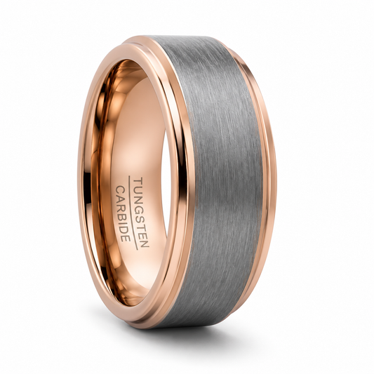Grey tungsten ring with rose gold detail