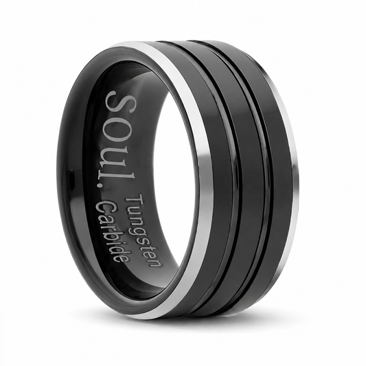 Black tungsten ring with grooves
