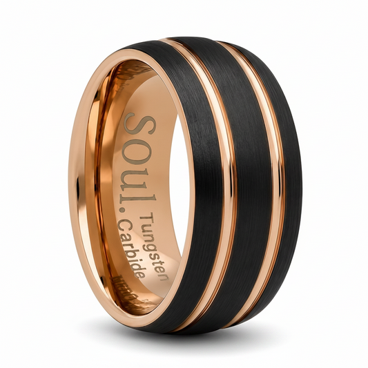 Black tungsten ring with rose gold detail