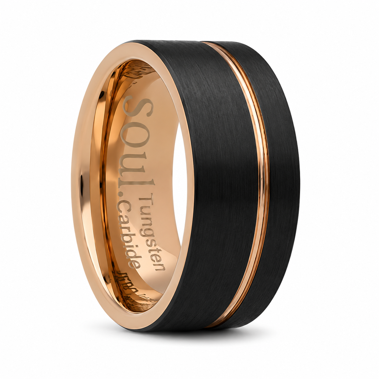 Black tungsten ring with rose gold detail