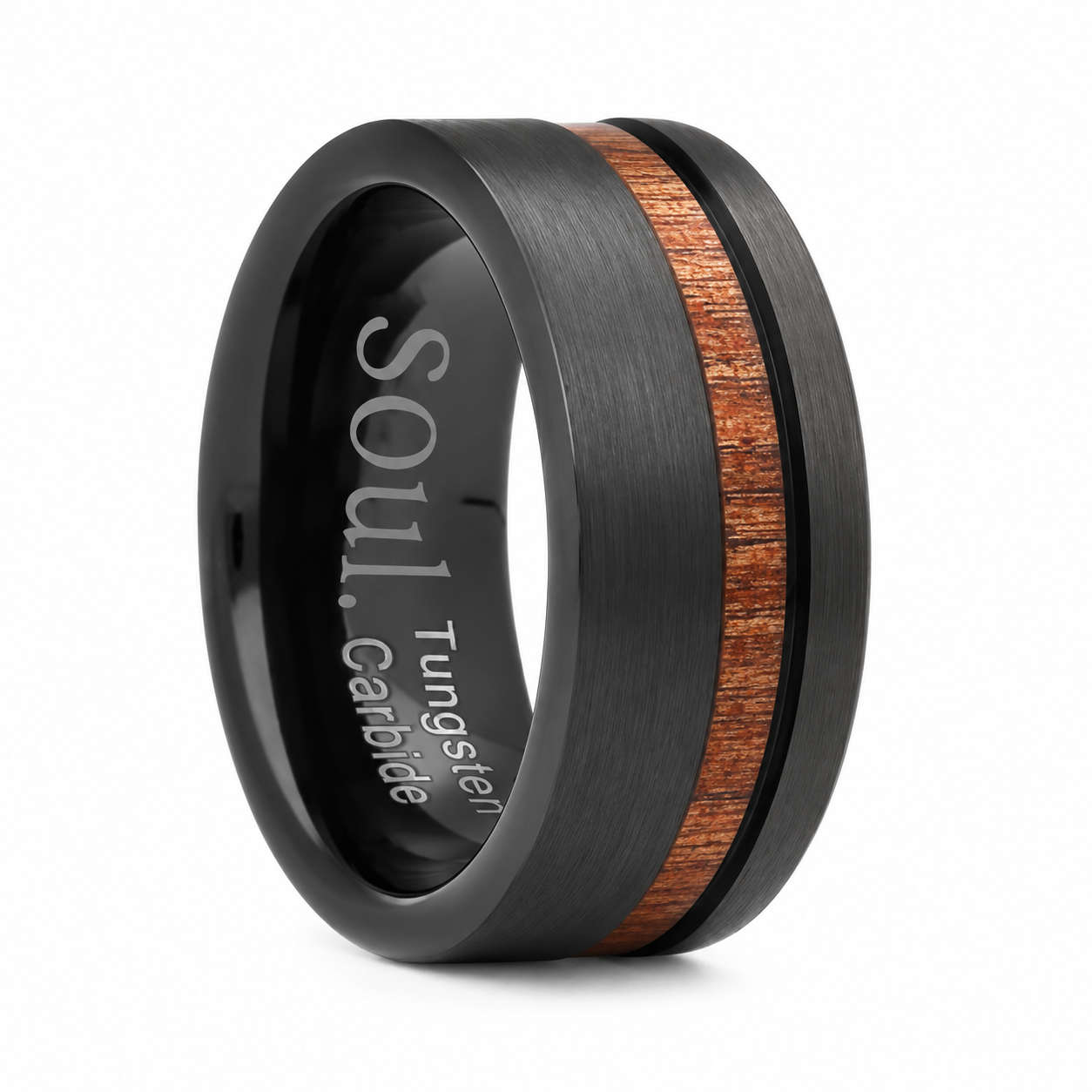Black tungsten ring with wood inlay