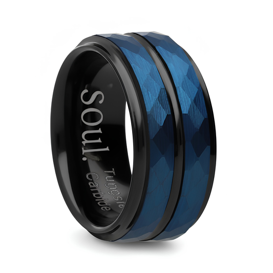 Blue tungsten ring with black detail