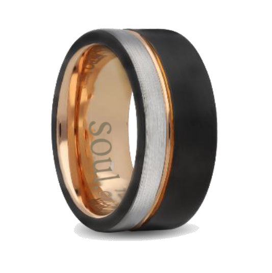 Black and grey tungsten ring with rose gold details