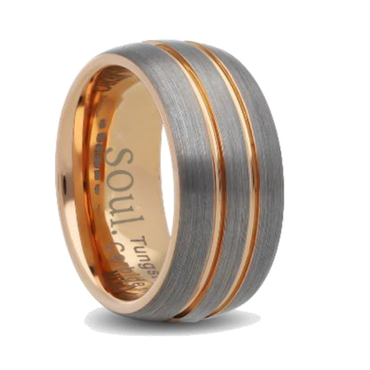 Grey tungsten ring with rose gold detail