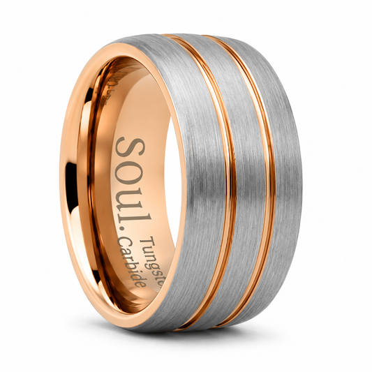 Grey tungsten ring with rose gold detail