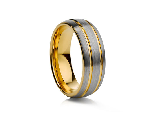 Grey tungsten ring with yellow gold