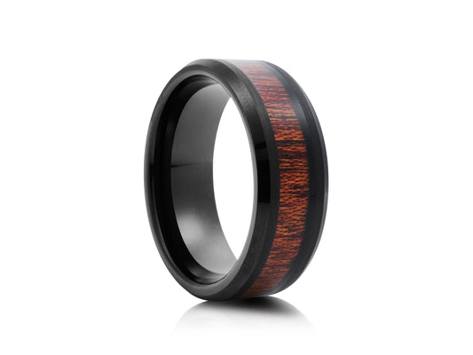Black tungsten ring with cherry wood inlay