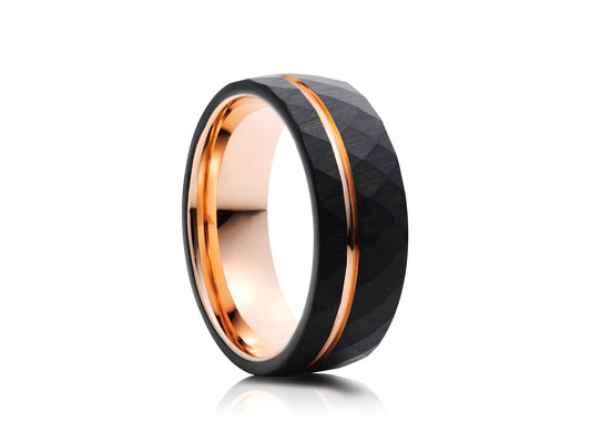 Black tungsten ring with rose gold detail