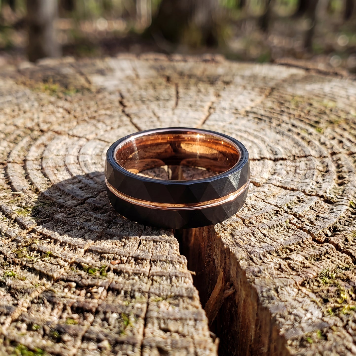 Black tungsten ring with rose gold detail