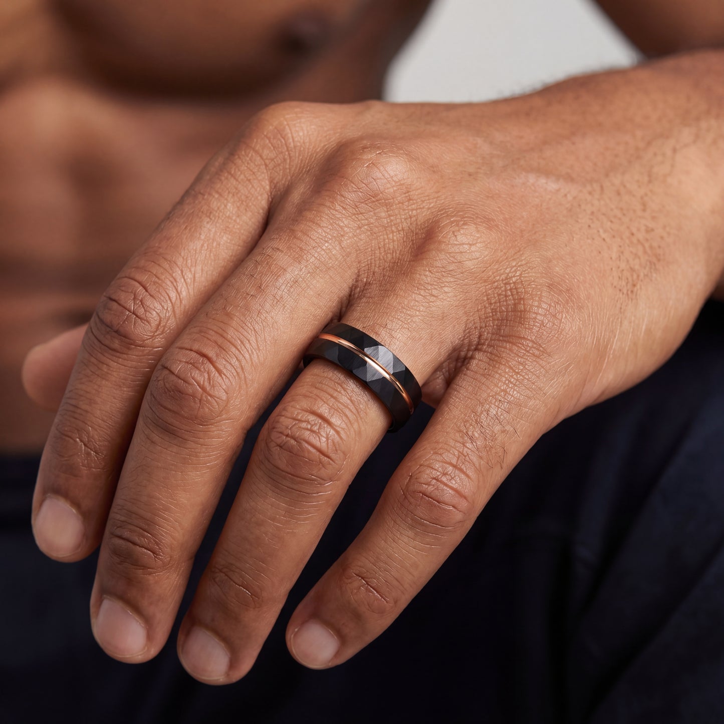Black tungsten ring with rose gold detail