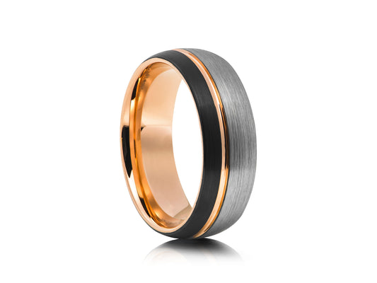 Grey and black tungsten ring with rose gold detail