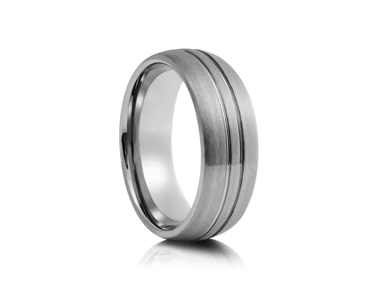 Grey tungsten ring with grooves