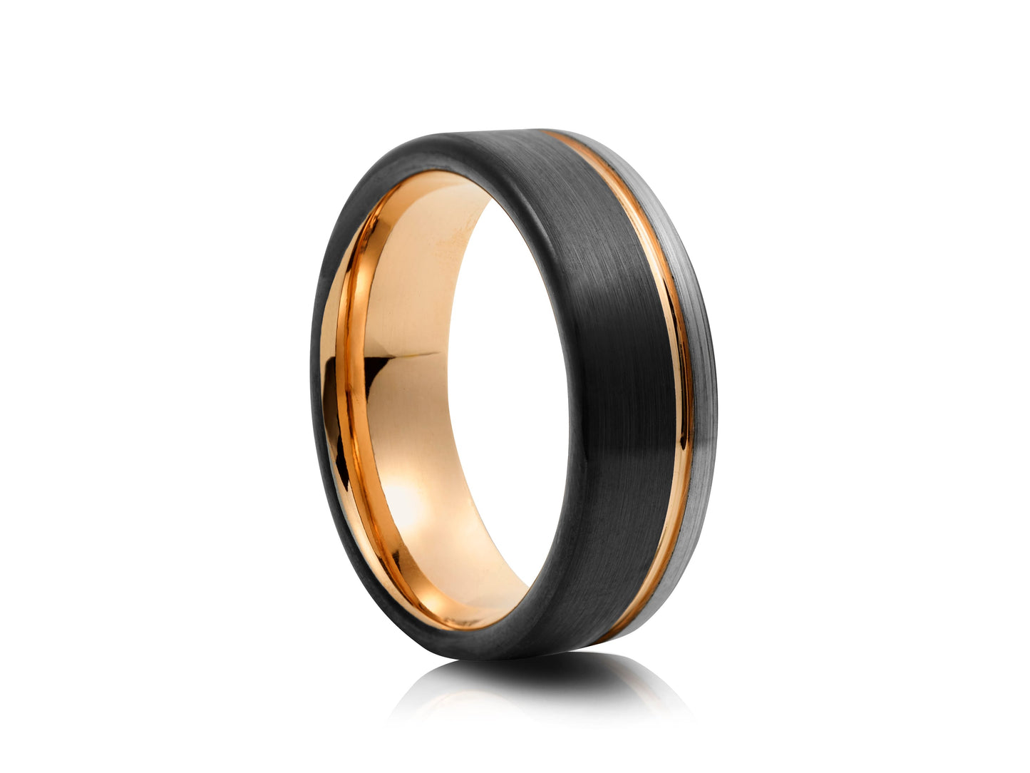 Grey and black tungsten ring with rose gold detail
