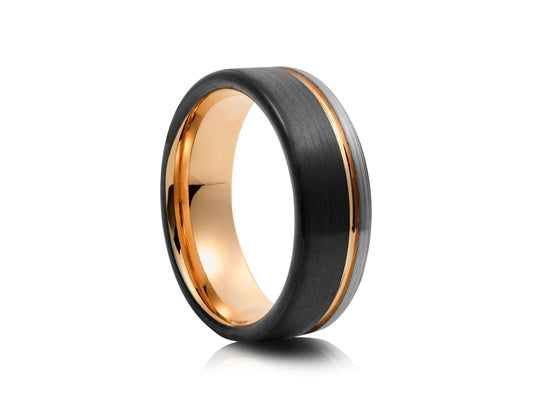 Grey and black tungsten ring with rose gold detail