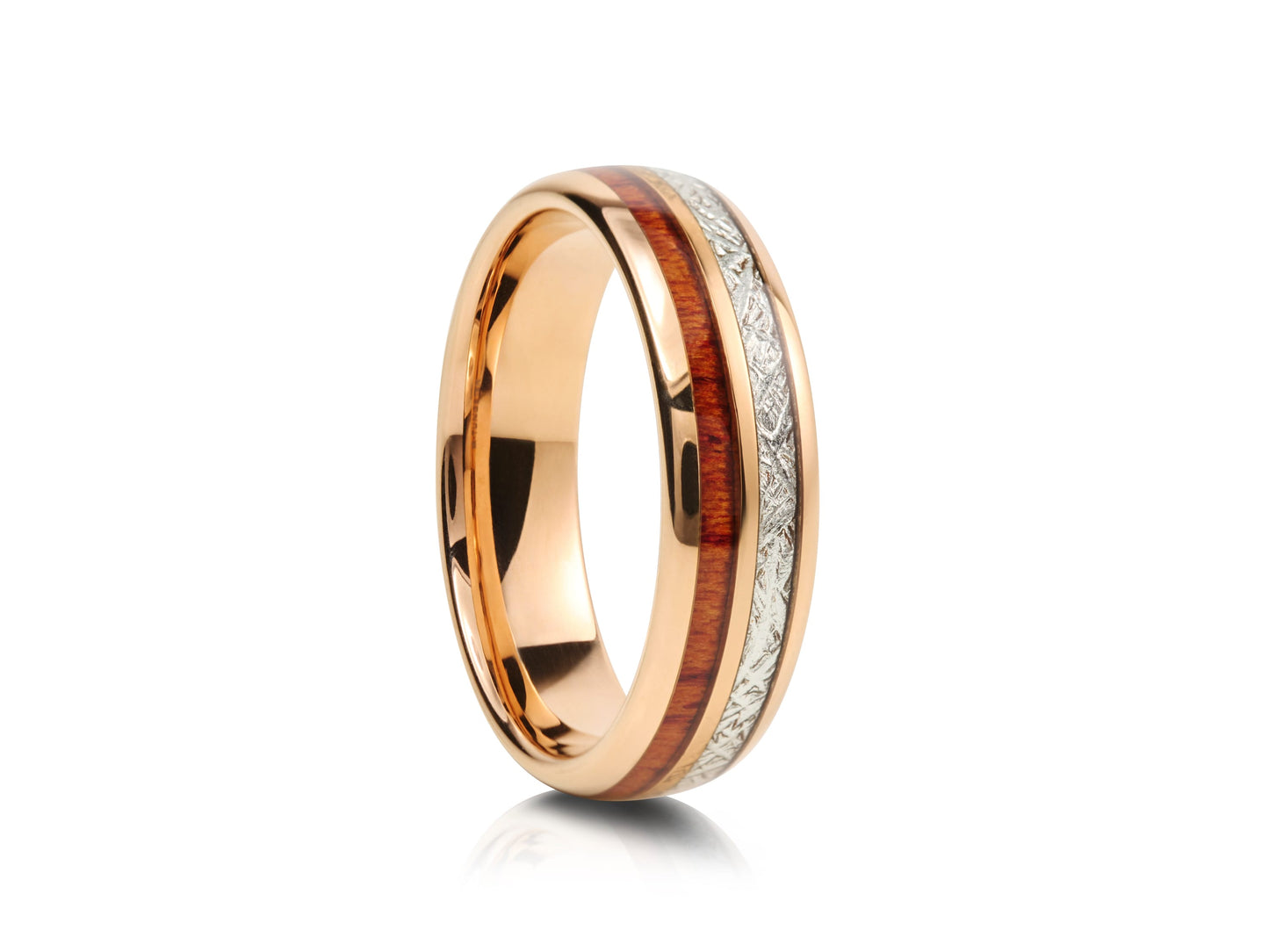 Rose tungsten ring with wood and meteorite