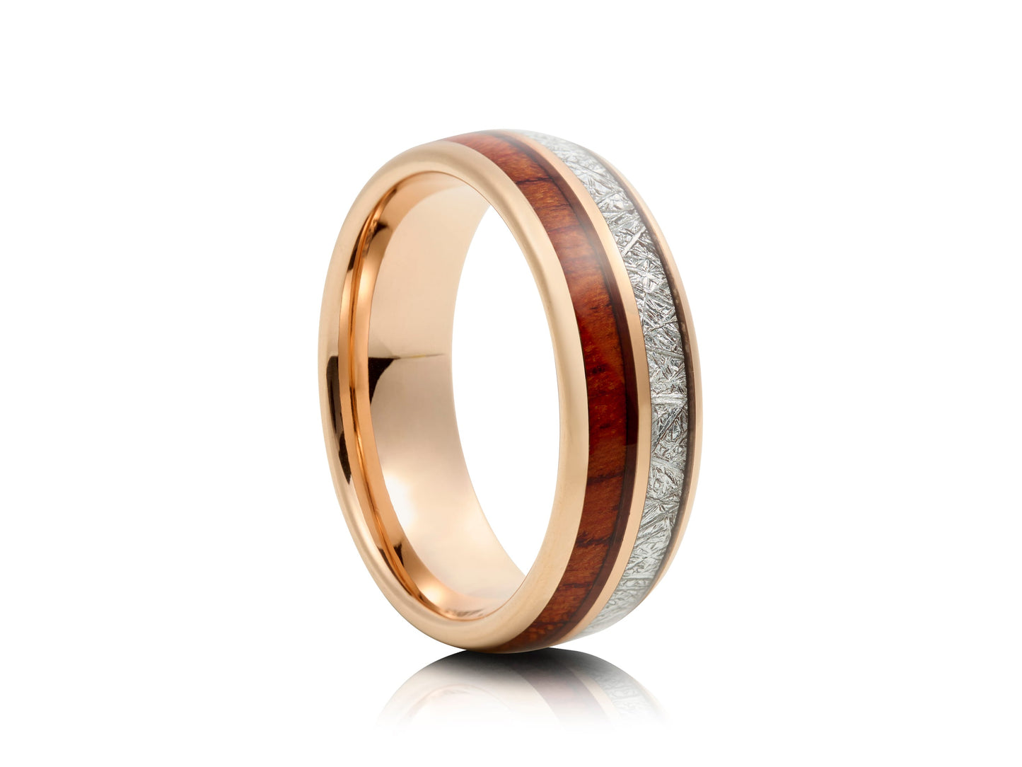 Rose tungsten ring with wood and meteorite