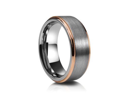 Dark grey tungsten ring with rose gold details