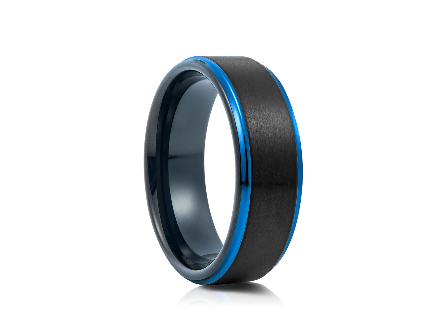 Black tungsten ring with blue detail