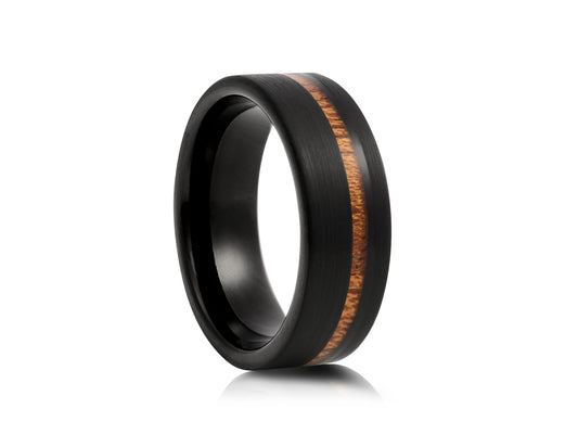 Black tungsten ring with cherry wood inlay