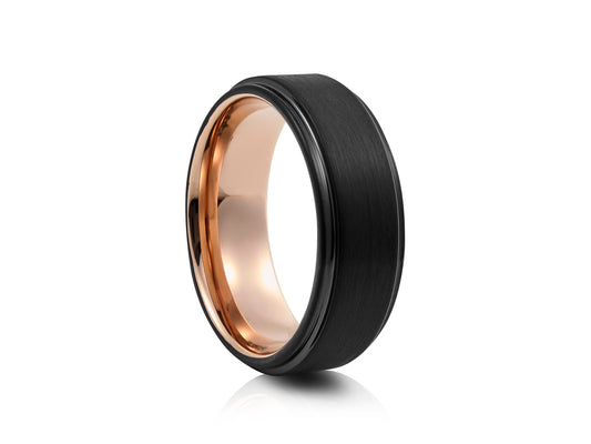 Black tungsten ring with rose gold detail