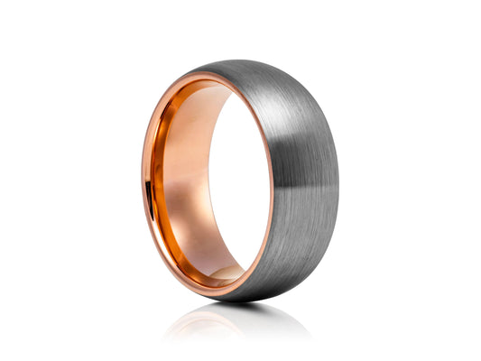 Grey tungsten ring with rose gold detail