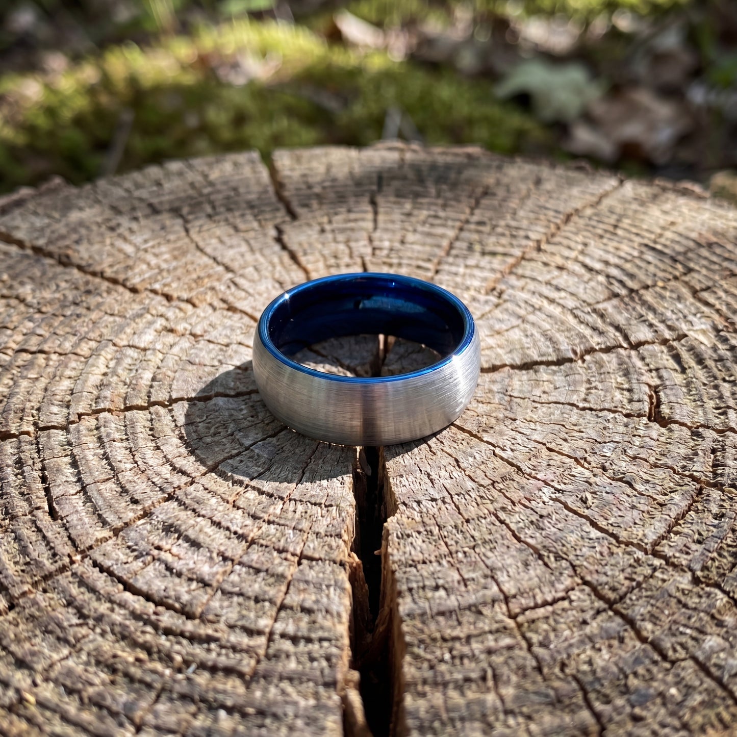 Grey tungsten ring with blue detail