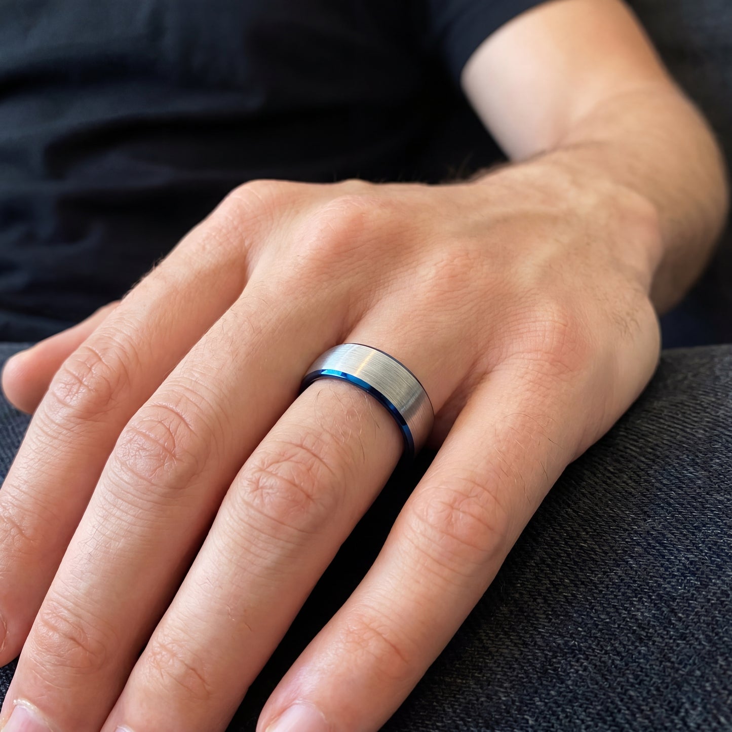 Grey tungsten ring with blue detail