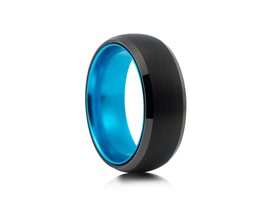 Black tungsten ring with blue detail