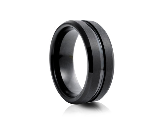 Black tungsten ring with groove