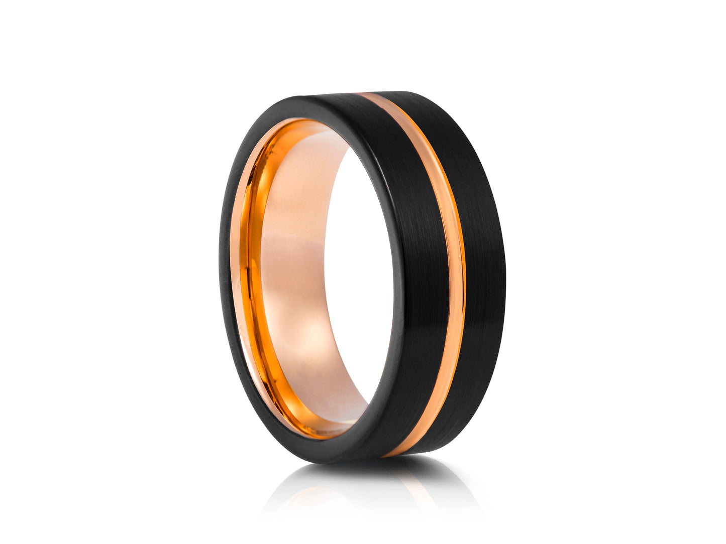 Black tungsten ring with rose gold detail
