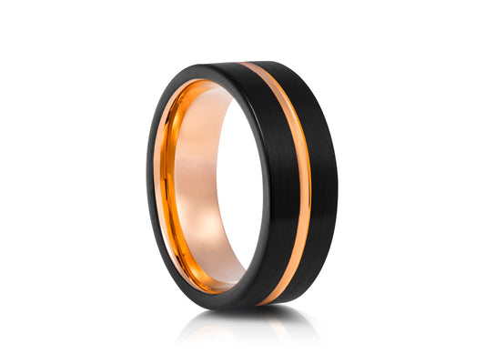 Black tungsten ring with rose gold detail