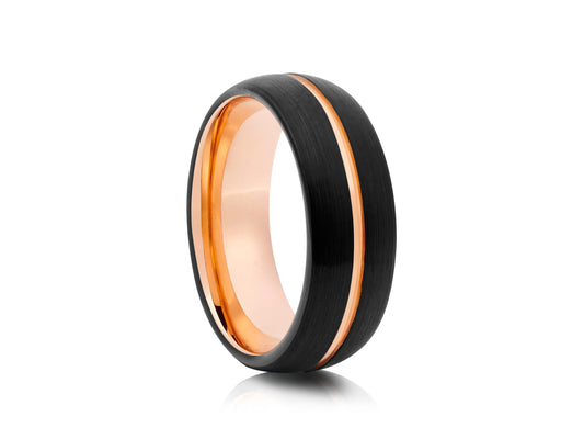 Black tungsten ring with rose gold detail