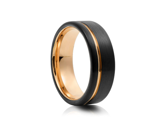 Black tungsten ring with rose gold detail