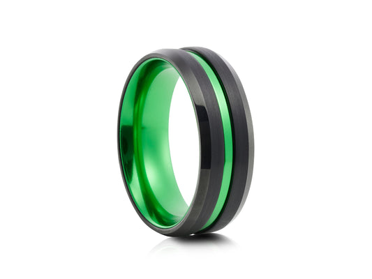 Black tungsten ring with green detail
