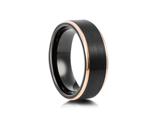 Black tungsten ring with rose gold detail