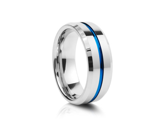 Grey tungsten ring with blue groove