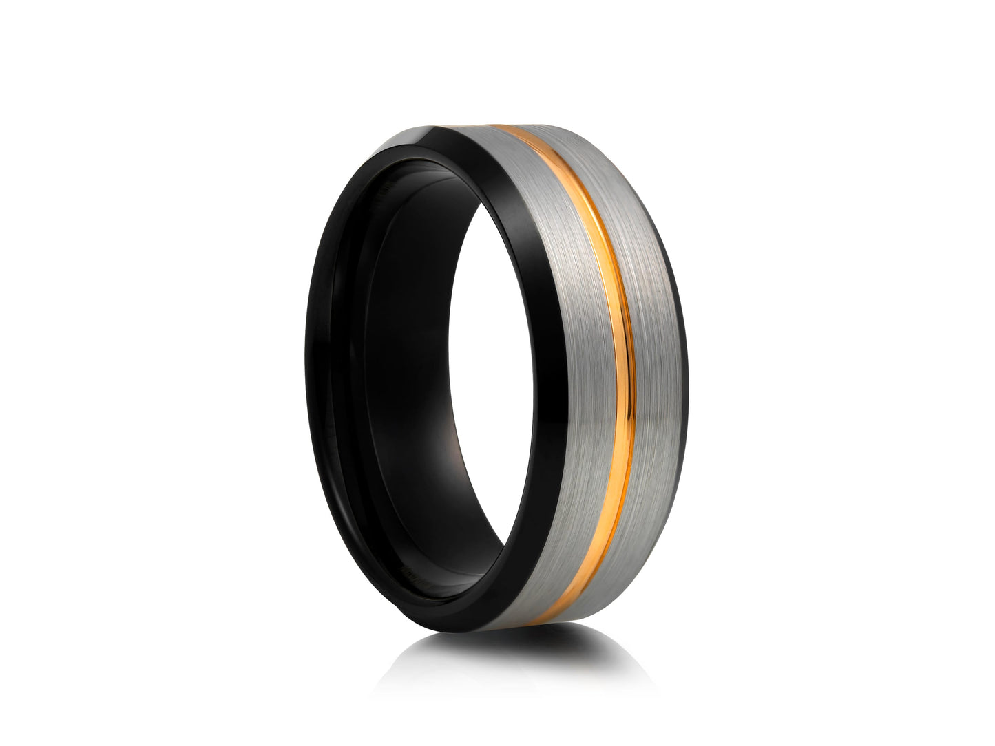 Grey and black tungsten ring with rose gold detail
