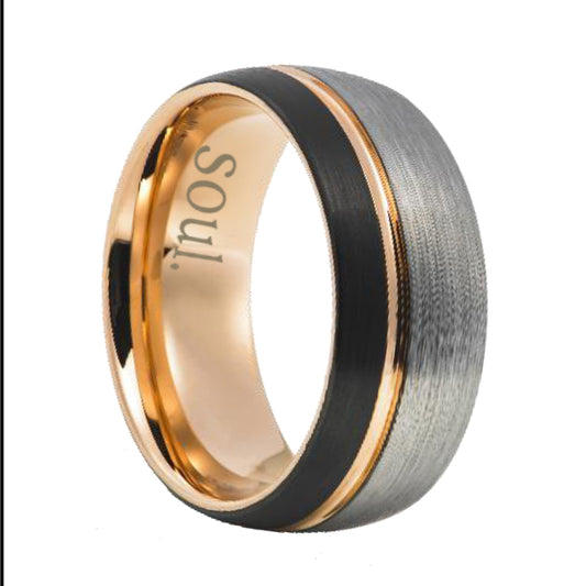 Black and grey tungsten ring with rose gold details