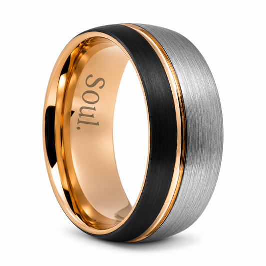 Black and grey tungsten ring with rose gold details