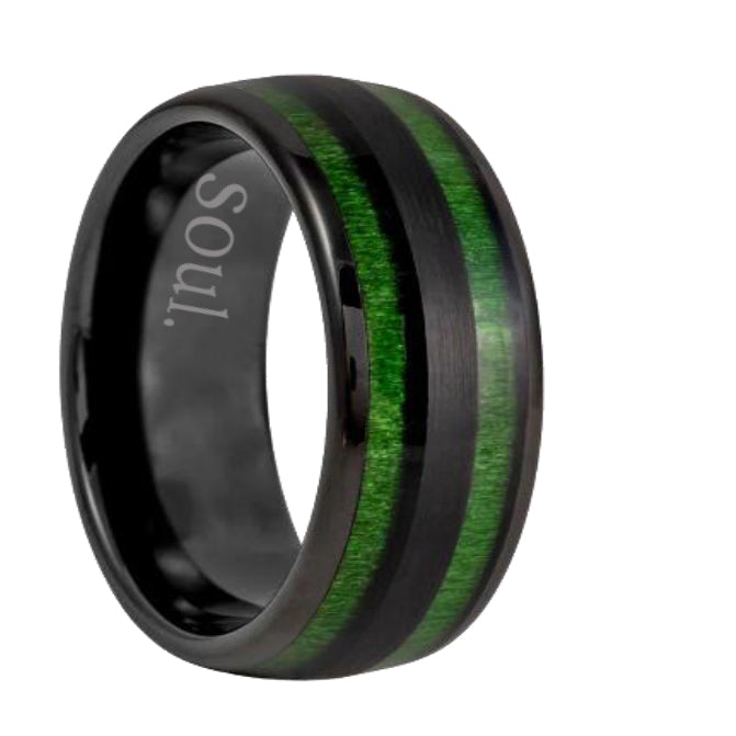 Black tungsten ring with green wood inlay