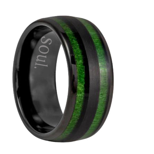 Black tungsten ring with green wood inlay
