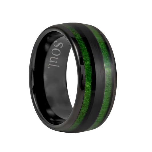 Black tungsten ring with green wood inlay